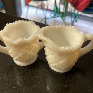 Miniature milk glass creamer and sugar bowl…